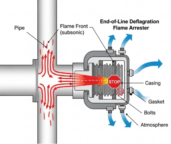 End of Line Deflagration Flame Arrester