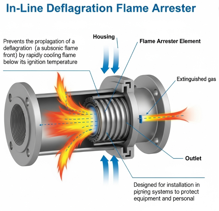 In Line Deflagration Flame Arrester